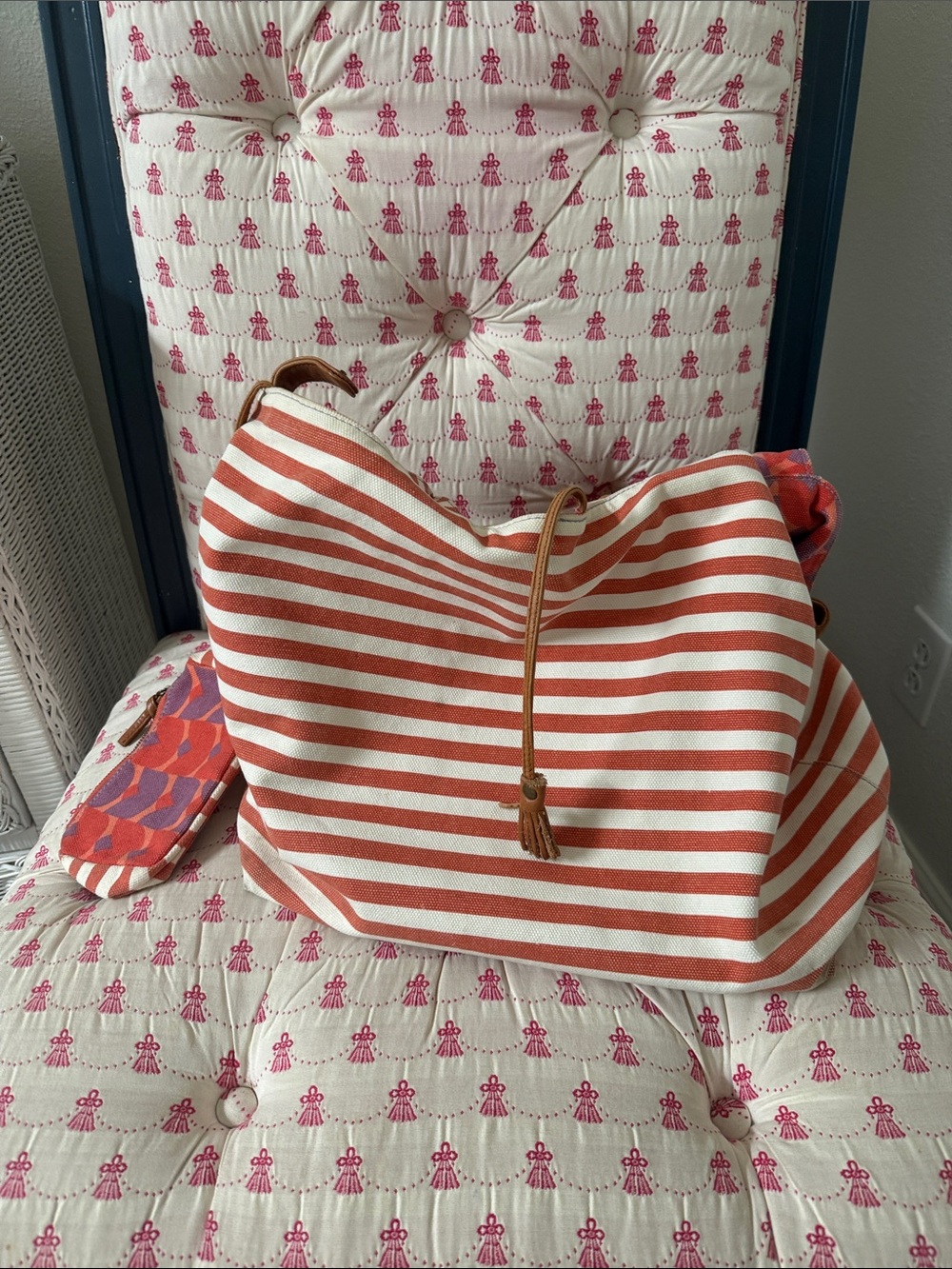 Canvas Striped Tote Bag in Coral and White with Leather Drawstring